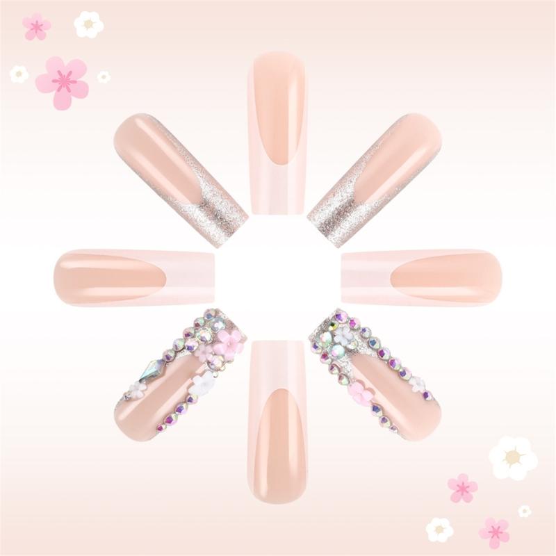 24 Pezzi Unghie Finte Press On French Tip Unghie Finte Quadrate Unghie Artificiali con Fiori 3D Strass Unghie da Incollare per Donne