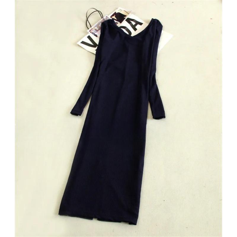 Women's Stretchy Knitting Sweater Dress Autumn Winter V-neck Ruched Long Sleeve Skinny Split Pencil Dress Red Navy Blue Gray