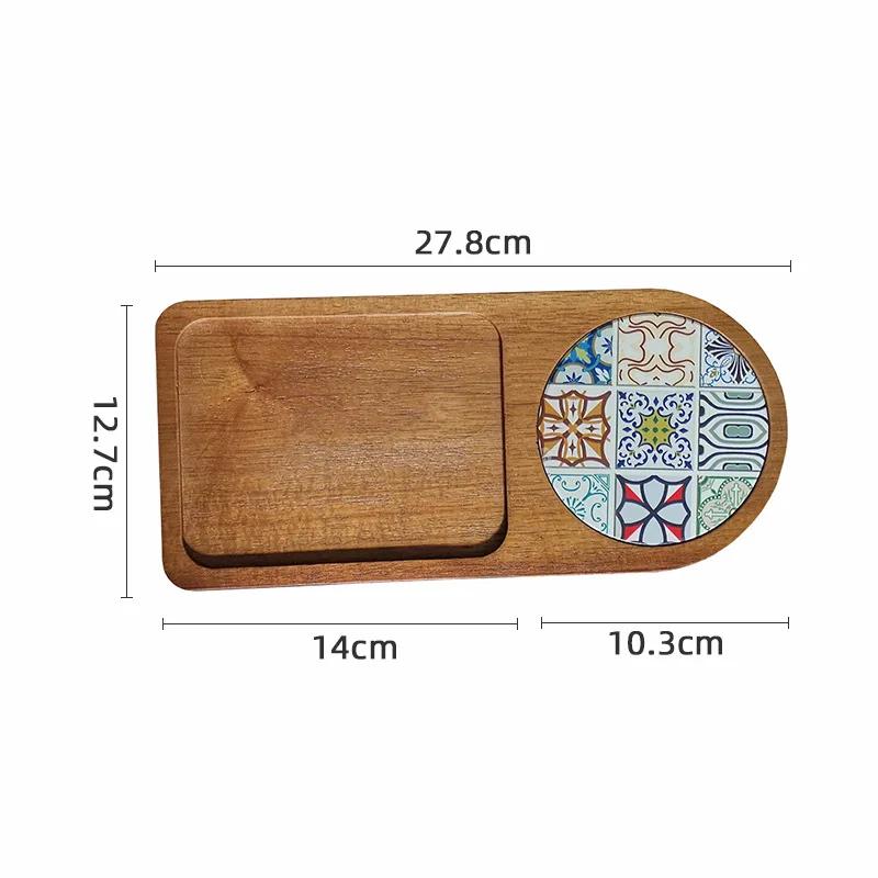 Japanese Wooden Tray with Ceramic Coaster for Cups Plates Retro Bread Dessert Breakfast Display