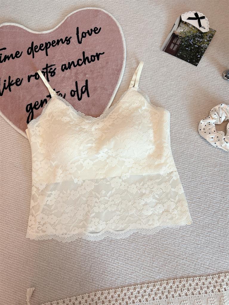 #Summer new pure desire wind V-neck lace dispensing splicing ice silk vest female slim one-piece with chest pad