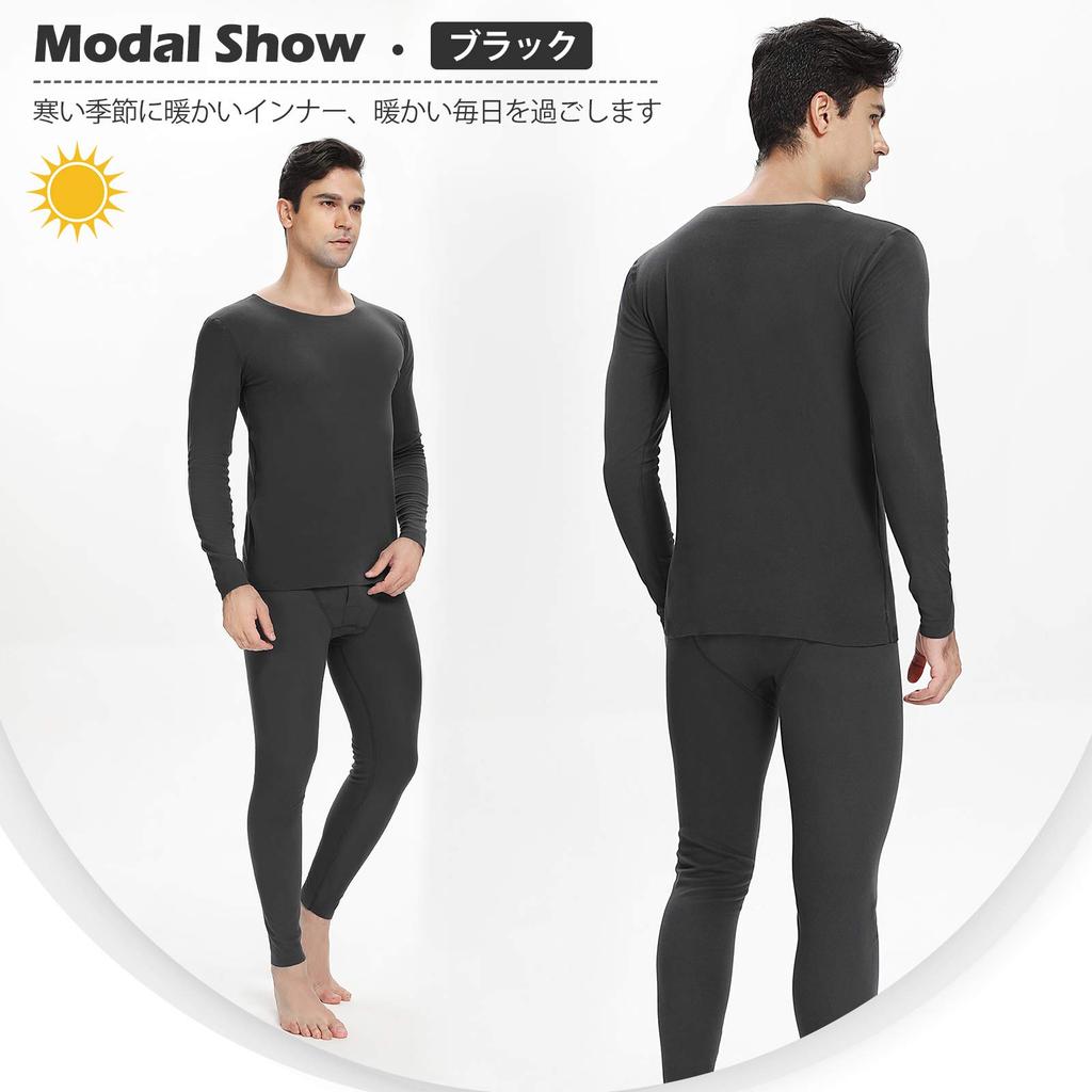 Sillictor Warm Innerwear Heattech Long Sleeve Shirt with Front Opening and Long Winter Size M Set, Fleece-Lined Tights, Insulation, DRTZqyk, Black,