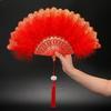Chinese Feather Folding Fan with Pendant Wedding Dance Fan Cosplay Props Decor