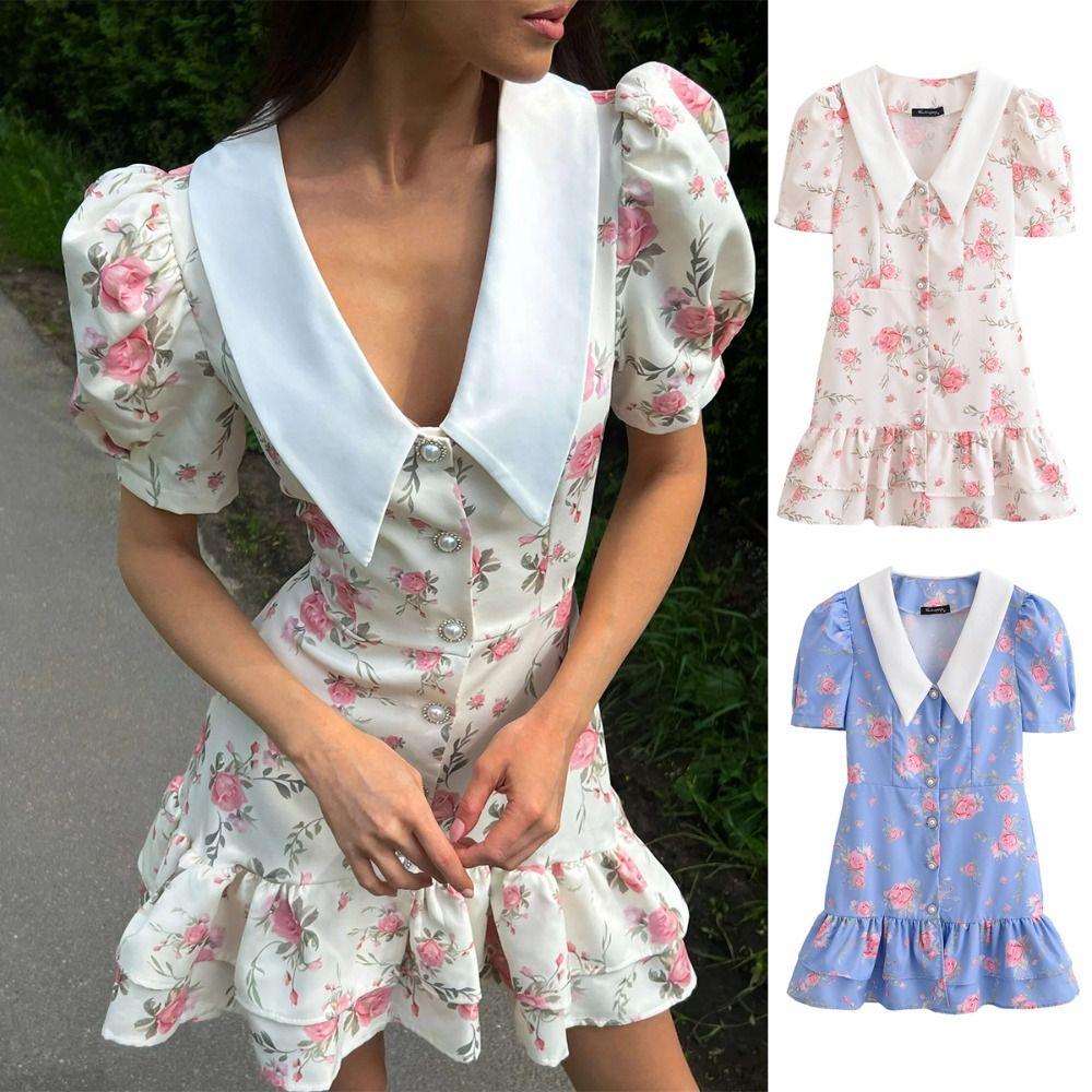 

Lapel Girls Floral Dress Ruffle Edge Flower A-line Dress Children Princess Dress Summer M