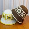 Haken Blume Kontrastfarbe Fischerhut Damen Herbst und Winter Warme Wollmütze Retro Lochstrickmütze Kinder