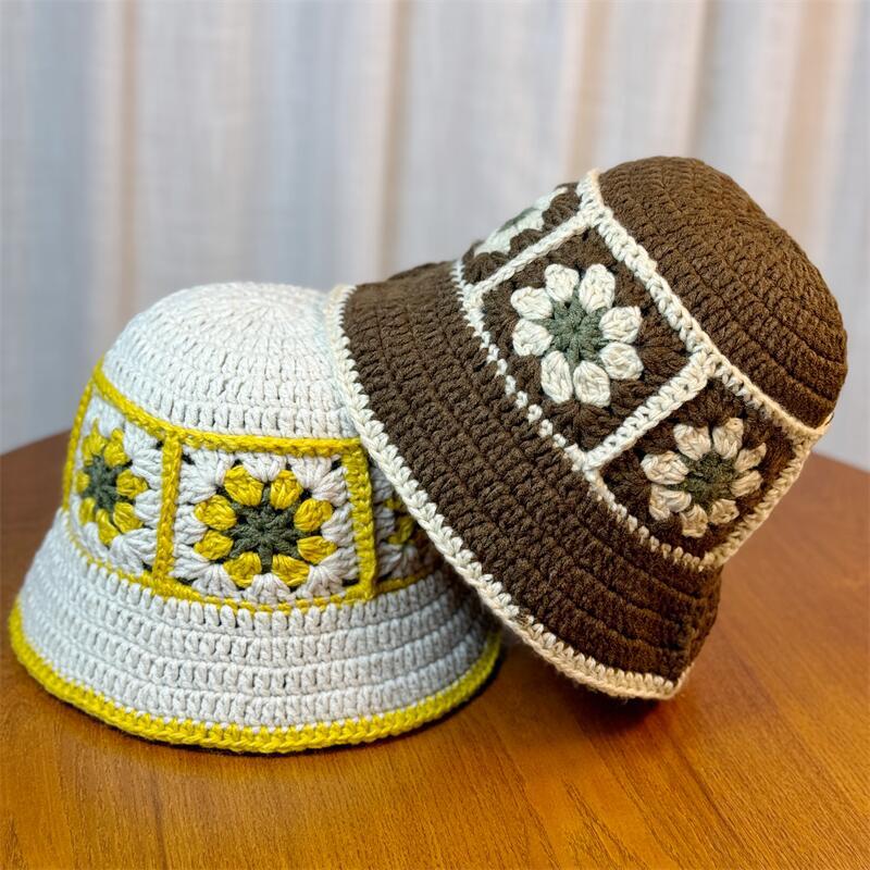 Haken Blume Kontrastfarbe Fischerhut Damen Herbst und Winter Warme Wollmütze Retro Lochstrickmütze Kinder