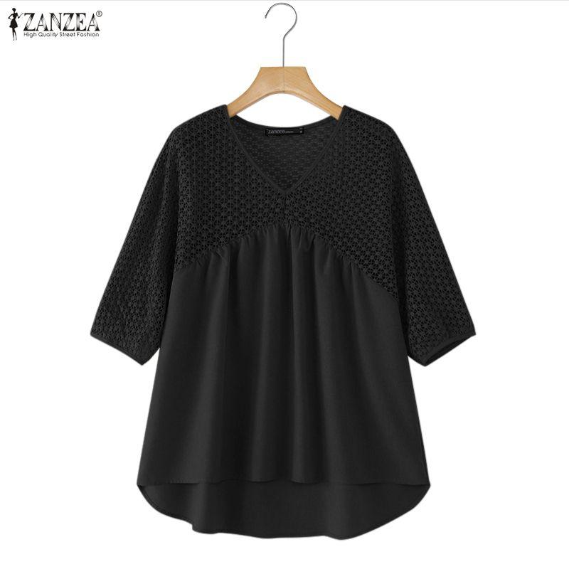 ZANZEA Women Hollow Lace Patchwork V-Neck 3/4 Sleeve Loose Casual Blouse