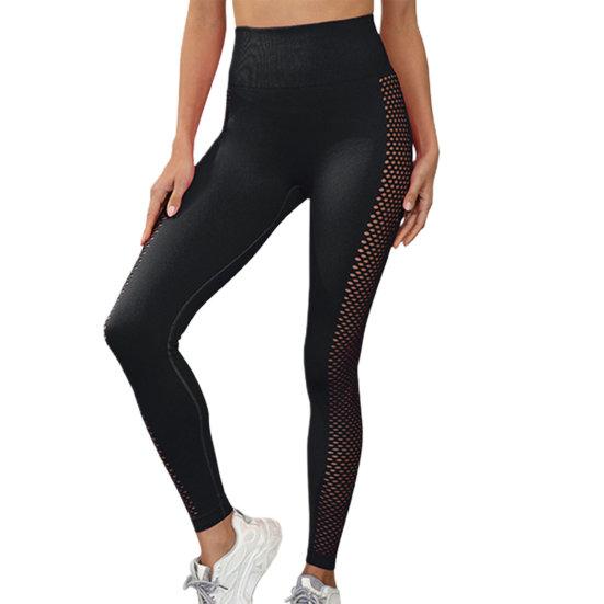 Women Solid Color High Waist Yoga Pants Push Up Hip Lifting Tummy Controlling Side Hollow Mesh Splicing Fitness Leggings