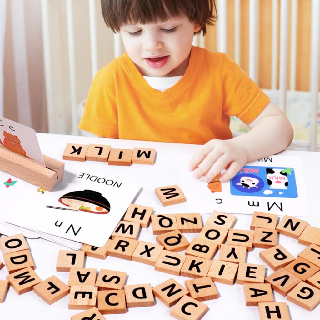 Matching Letter Game Spelling Reading English Alphabet Wooden Letters Card Mat- Game Children Pre-school Learning Language Toys