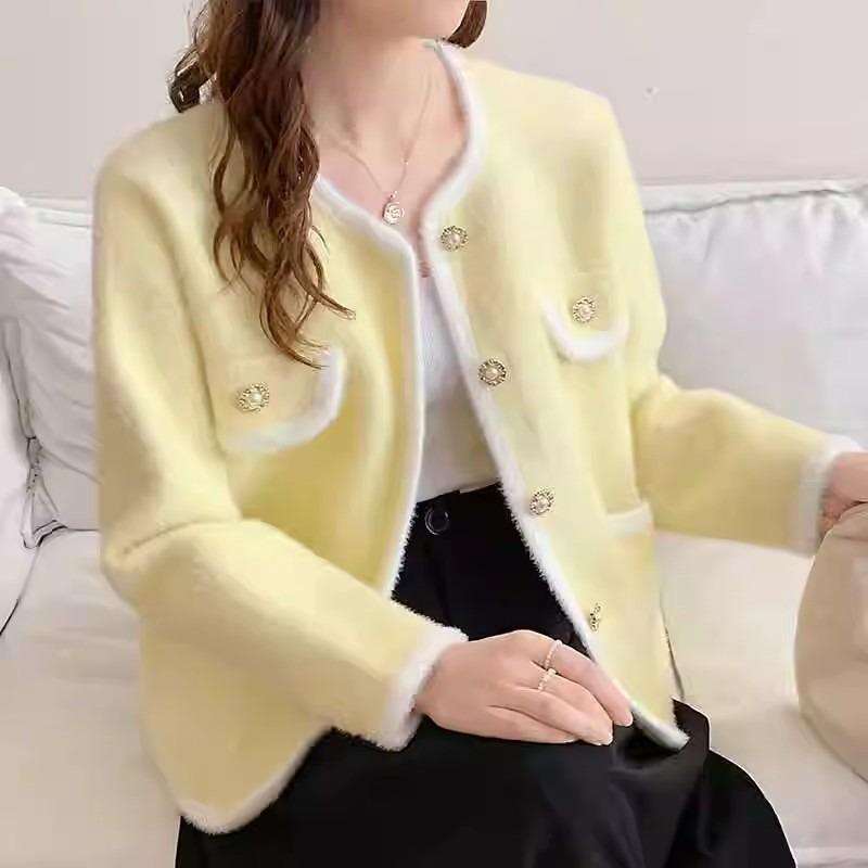 Temperament commuting imitation mink velvet knitted cardigan women's autumn and winter new contrasting color age-reducing sweater jacket