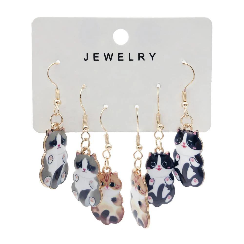 3 Pairs Fun and Cute Enamel Alloy Hanging Tail Cat Dangle Earrings Colored Cat Ear Jewelry Set Lovely Gift for Women Girls