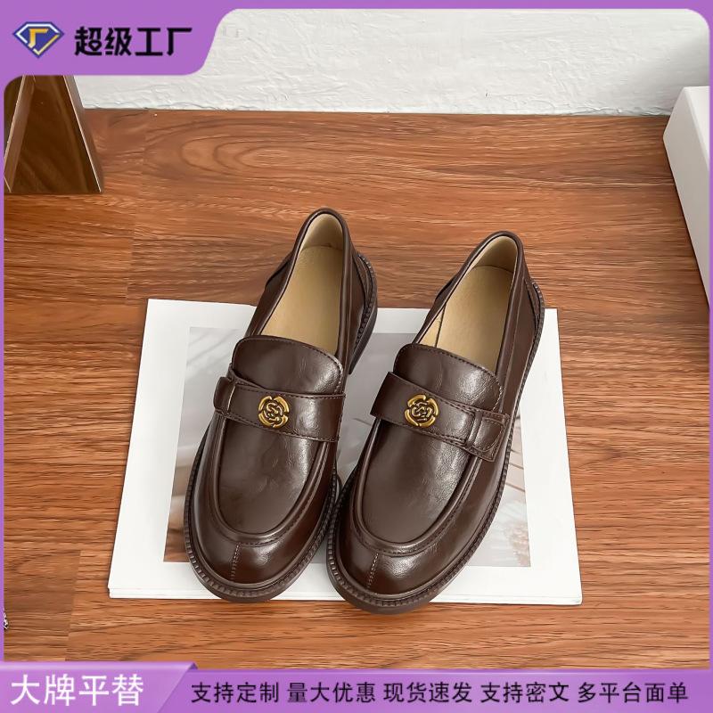 2025 spring new loafers women's retro camellia with French small leather shoes women's grape mother women's shoes