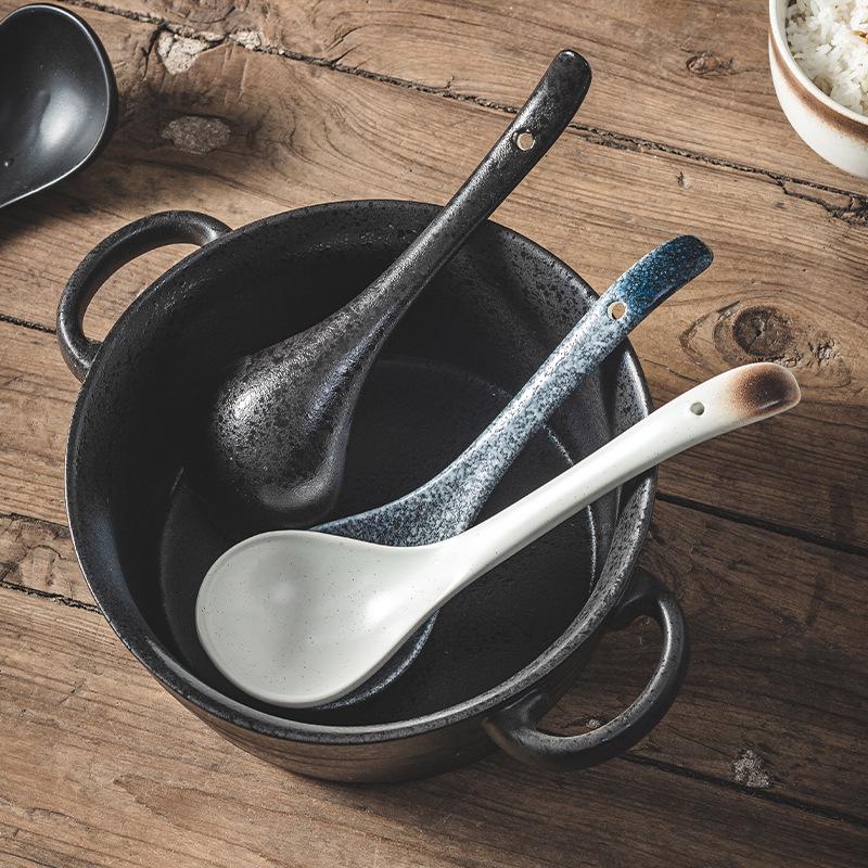Japanese Ceramic Long-Handle Soup Spoon for Porridge & Hot Pot