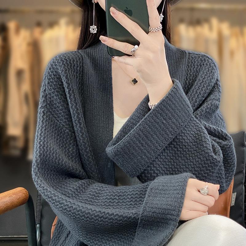 Women's Long Loose V-Neck Wool Cardigan - Autumn/Winter Heavyweight Knit Sweater Coat