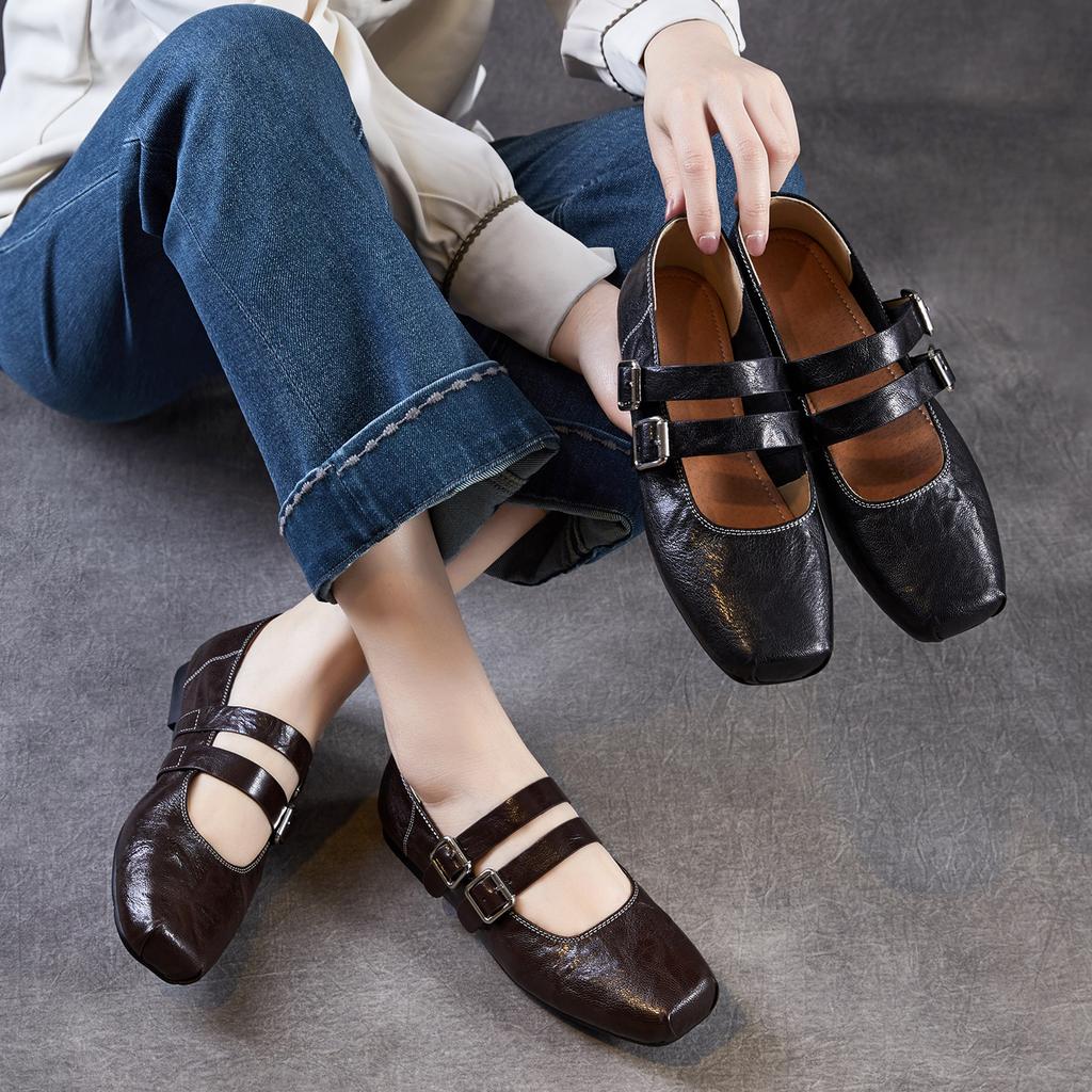Square head leather Mary Jane women's shoes 2026 spring new belt buckle shallow mouth single shoes flat bottom small leather shoes