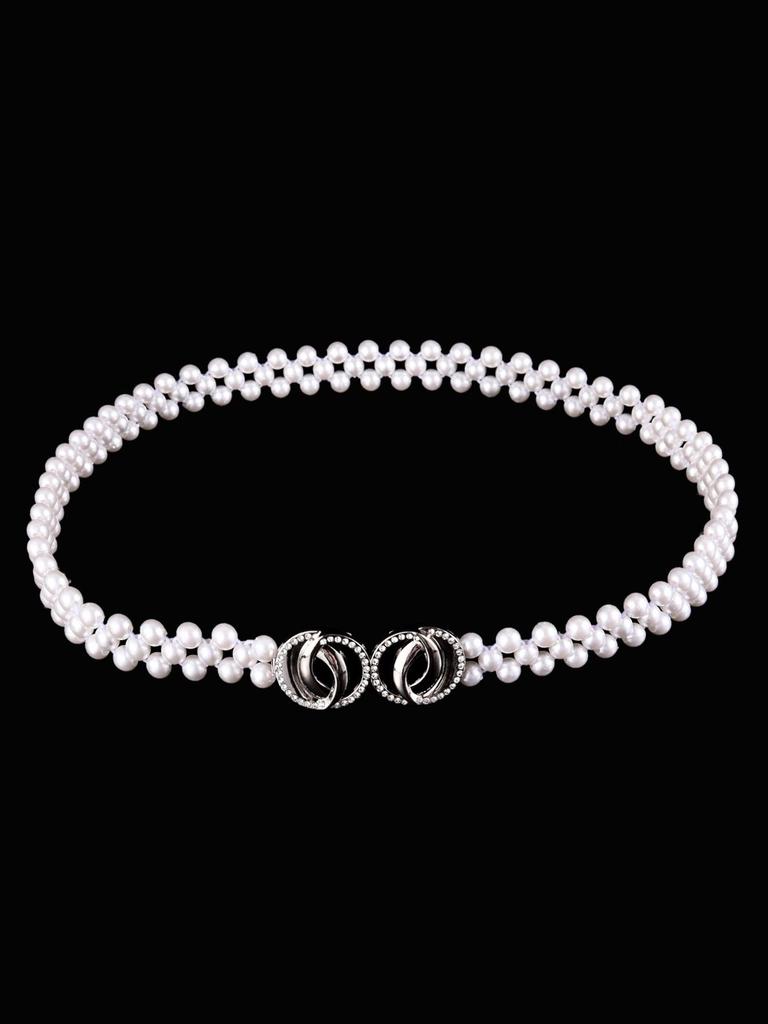"Korean Style Rhinestone Pearl Waist Chain for Women – Fashionable, Sweet, Elastic Belt"