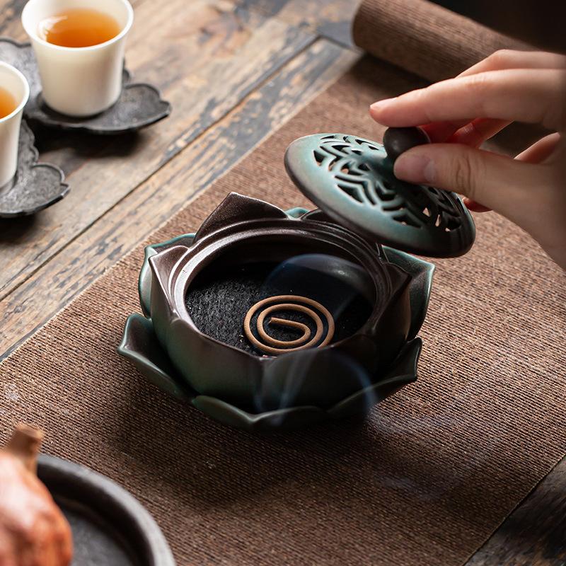 Handmade Ceramic Incense Burner Lotus Zen Aromatherapy Home Decor, Retro Fragrance Art Gift Indoor Zen Decor Scented Holder