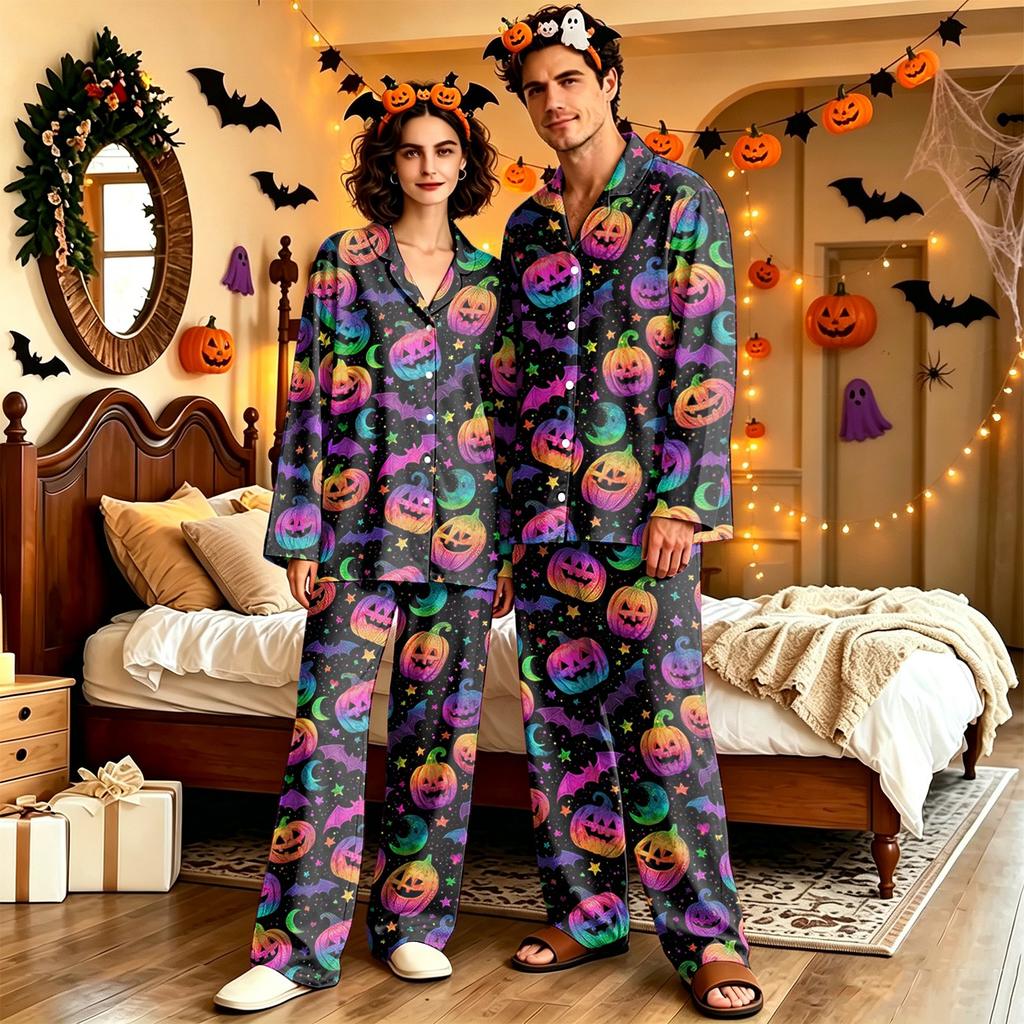Adult Halloween Pajama Set Long Sleeve Long Pants Casual Loose Fit Sleepwear for Women and Men
