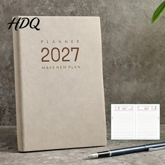 Flat Lay Writing Notebook 2027 Daily Monthly Planner Agenda Vintage Sheepskin Texture Cover Thick Paper Book for Business Office And Personal