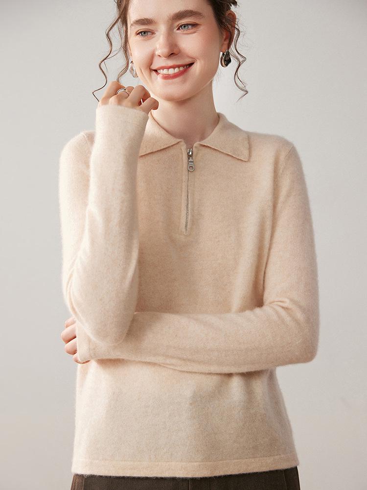 Women's Long-Sleeve Cashmere Half-Zip Polo Neck Sweater - Casual, Versatile, and Comfortable