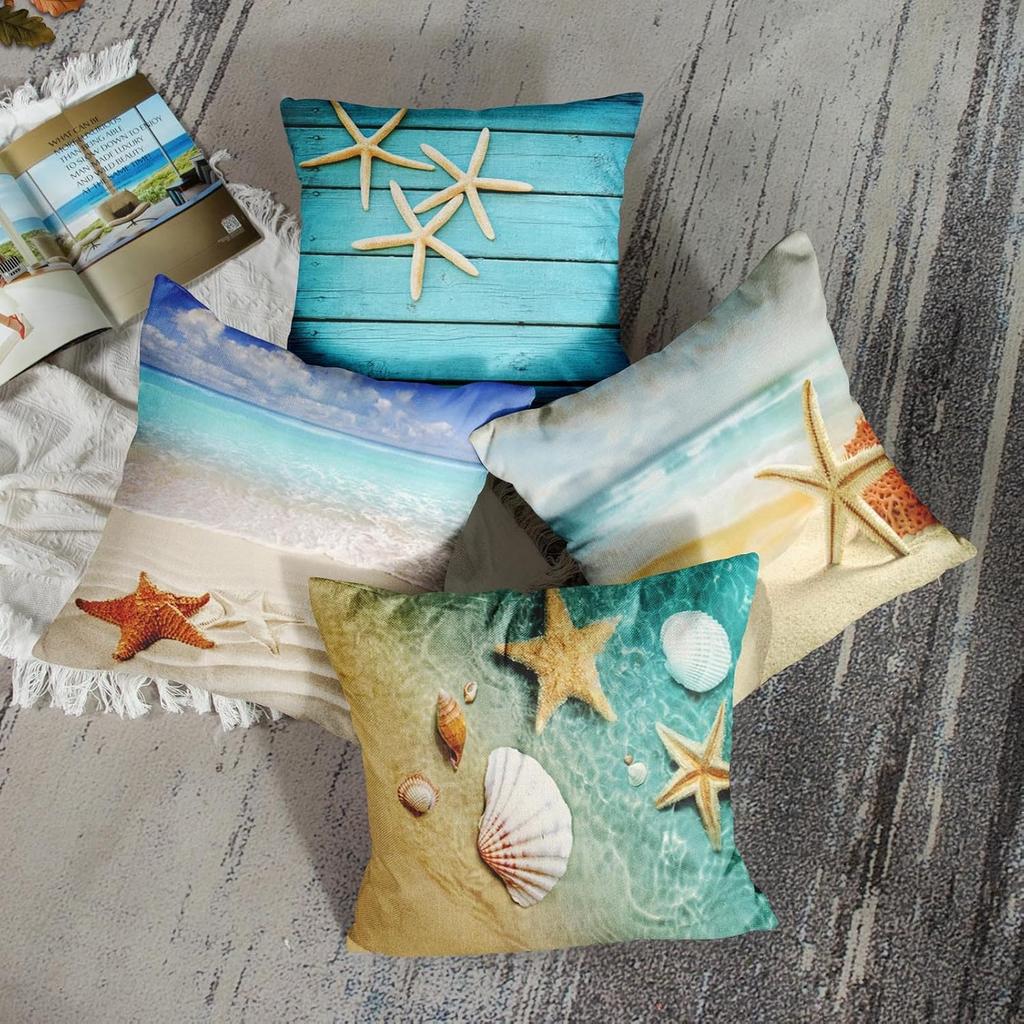 ArtSocket Set of 4 Throw Pillow Covers Starfish and Seashell Summer Beach in Sea Water Time Caribbean Decor Linen Pillow Cases Home Decorative Square