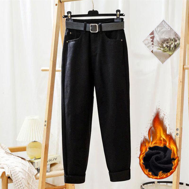 Dámské teplé sametové mrkvové džíny s vysokým pasem - Volné, všestranné a módní kalhoty s rovnými nohavicemi