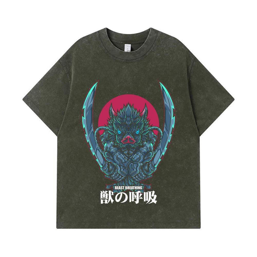 

275 GSM Washed T-shirts 100% Cotton Demon Slayer V29 Inosuke Print Unisex Heavy Cotton T Shirt S армия зеленый