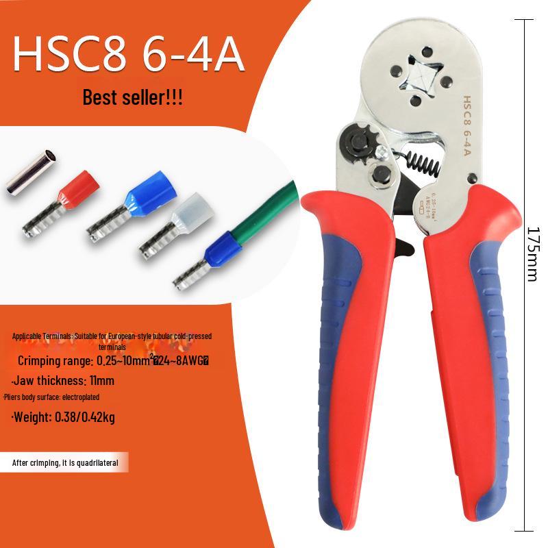 

HSC8 6-4A Self-Adjusting Crimping Tool for VE Tube Terminals, 0.25-10mm Range, Quadrilateral Crimping.