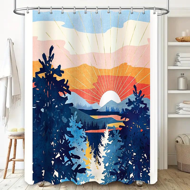 Nature Landscape Shower Curtain Mountain Forest Scenic Backdrop Bathroom Decor Teal Blue Artistic Wall Hanging Modern Home Texti