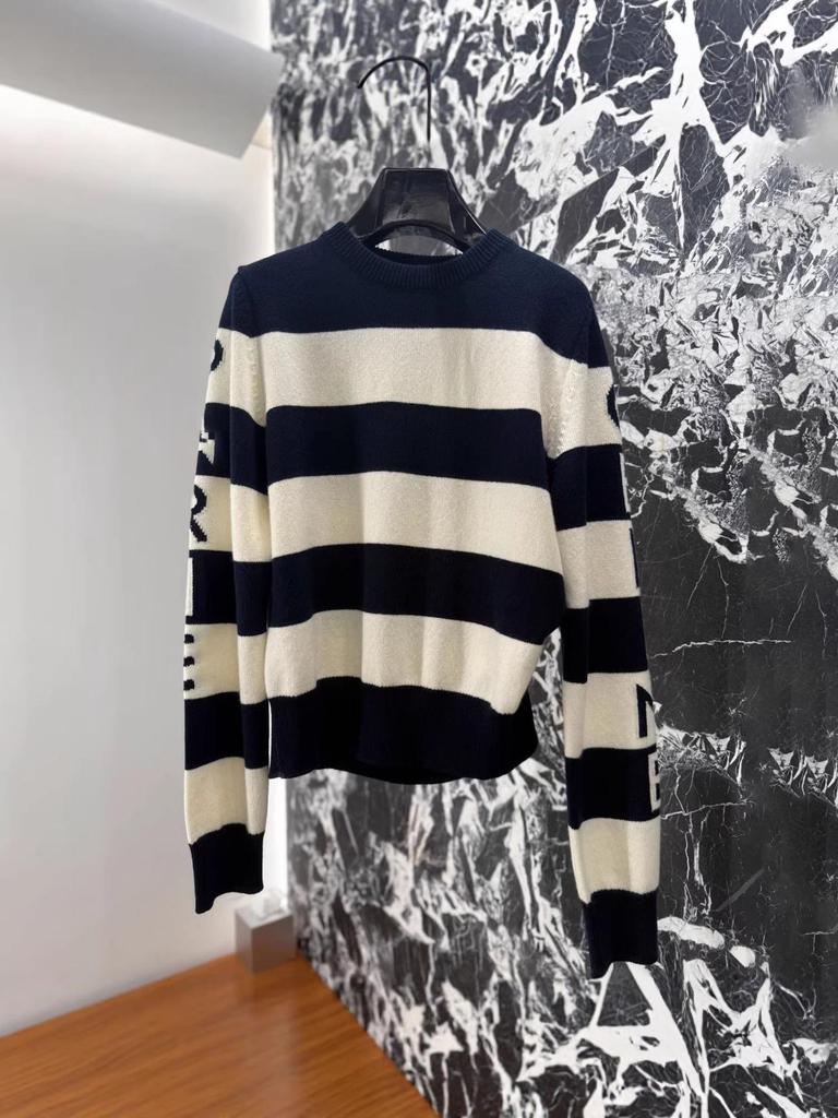 Women's Celebrity Style Color Block Striped Letter Knit Sweater - Round Neck, Long Sleeve, Versatile Pullover for Autumn/Winter