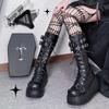 Fashion Platform Boots High Cut Women's Boots Punk Style Spicy Girl Motorcycle Knight Boot Fashionable Leather Buckle Strap Wedge Boots