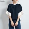 ZANZEA Women Casual Round Neck Lace Splice 3/4 Sleeve Loose Blouse