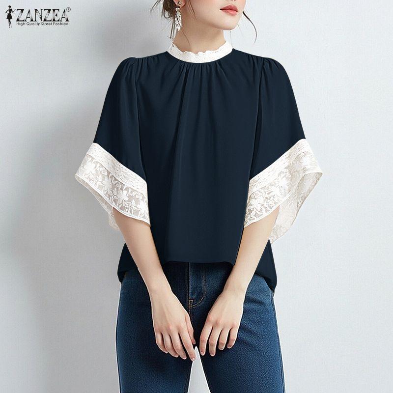 ZANZEA Women Casual Round Neck Lace Splice 3/4 Sleeve Loose Blouse