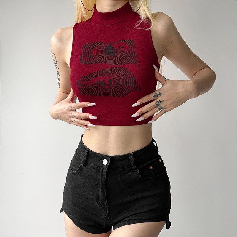 American Retro Personalized Printed Sleeveless Vest for Women In Summer Slim Fit for Wearing Outside Spicy Girl Suspender Red Top Trendy