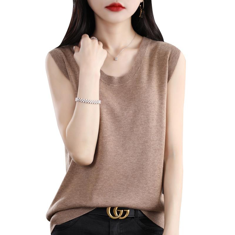 

Новый стиль тонкого трикотажного топа с халтером, круглым вырезом, свободным внутренним слоем и наружным слоем без рукавов XXL верблюд