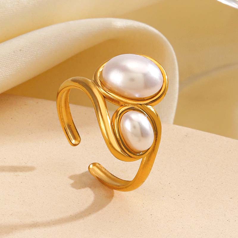 Vintage Stainless Steel Wide Thick Rings for Women Men Classic Imitation Pearl Hollow Opening Rings Charm Banquet Jewelry Gifts