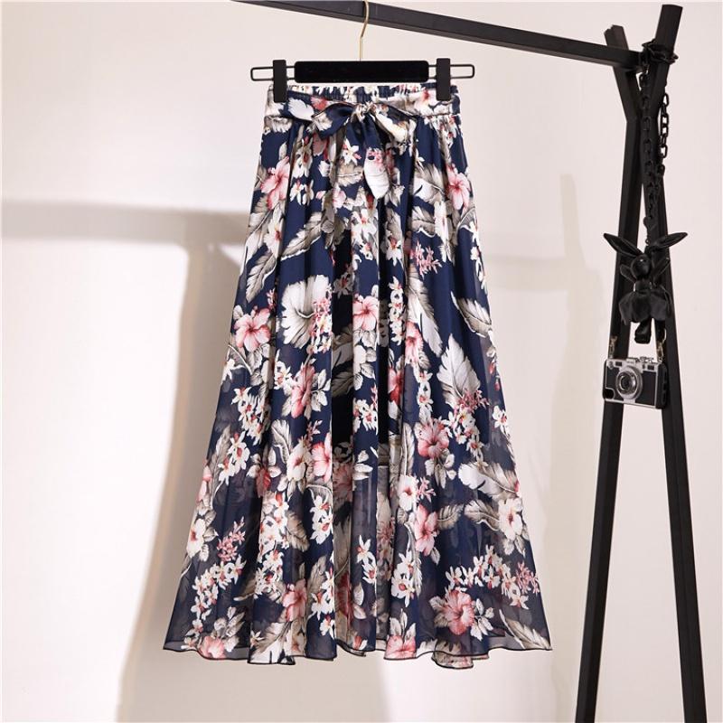 Spring and Summer New Bohemian Chiffon Skirt Mid-Length High Waist Fairy Floral Large Swing Skirt Beach Skirt