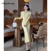 Herbst Winter Damen Pullover Midi Kleid Umlegekragen Gelbes Strickkleid Langarm Gestricktes Elegantes Feminines Kleid