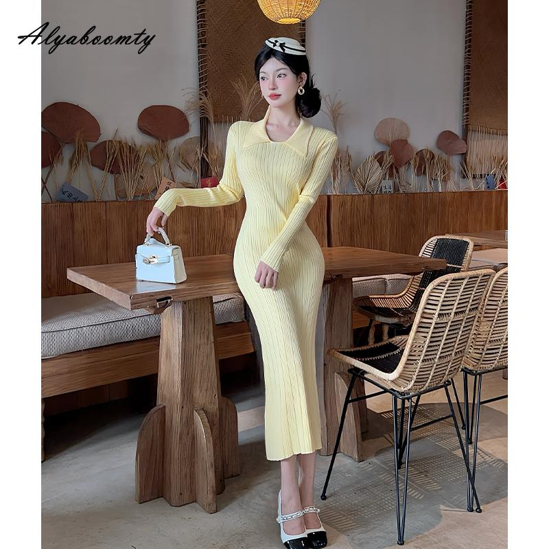 Herbst Winter Damen Pullover Midi Kleid Umlegekragen Gelbes Strickkleid Langarm Gestricktes Elegantes Feminines Kleid