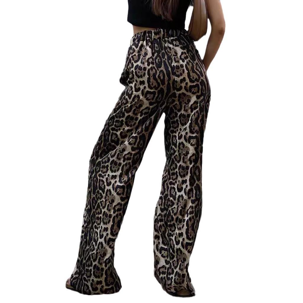 Fashionable Street Style Leopard Print High Waisted Wide Leg Pants Floor Length Casual Women’s Trousers