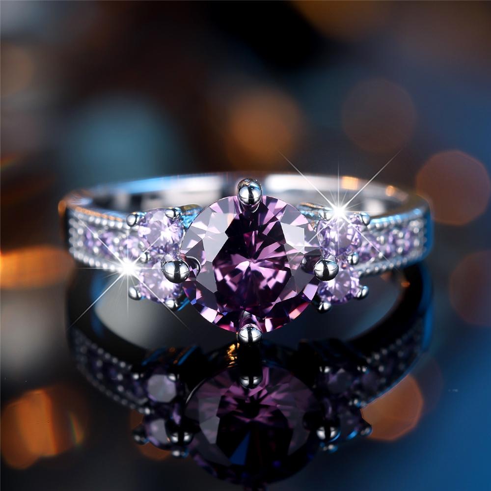 Cute Female Purple Zircon Round Stone Ring Silver Color Engagement Charm Wedding Jewelry For Women