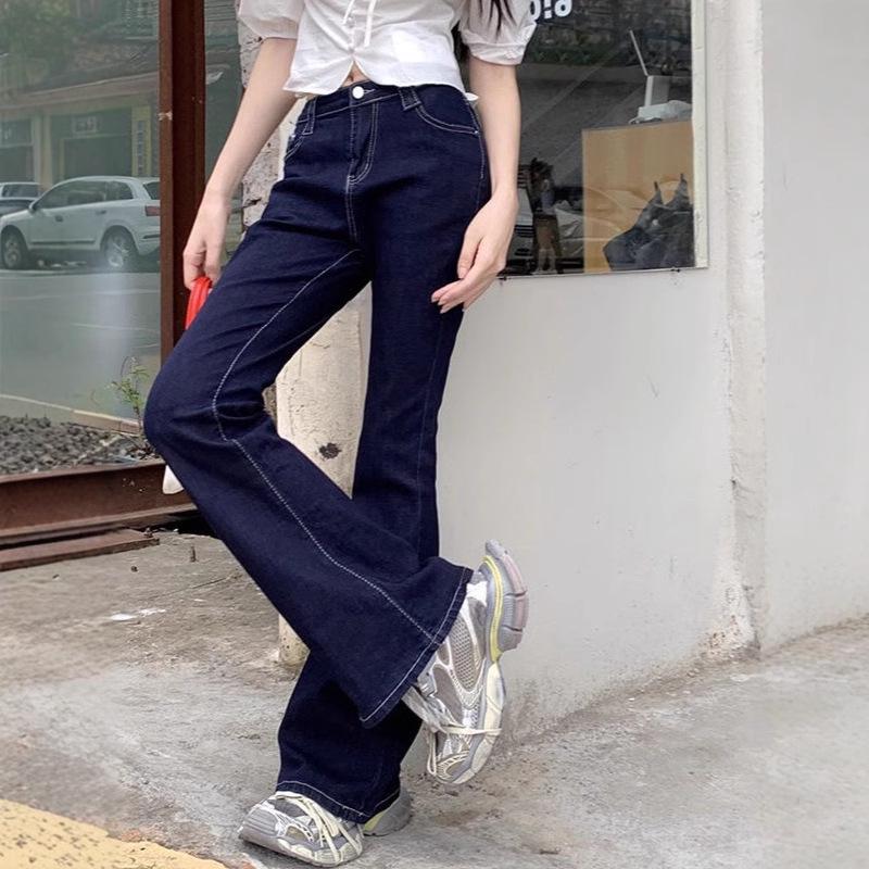 Women's Petite High-Waist Dark Blue Flare Jeans - Retro Washed, Stretchy, Slimming, Long Straight Leg Trend