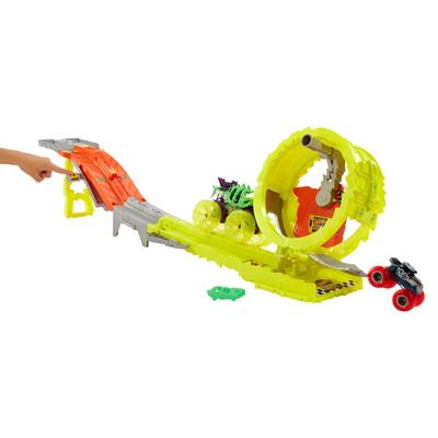 Hot Wheels Monster Truck Speed Challenge Race Mini Cars with 2 Large and Small Vehicles Toy Playset for Ages 4 and Up Yellow HXT05