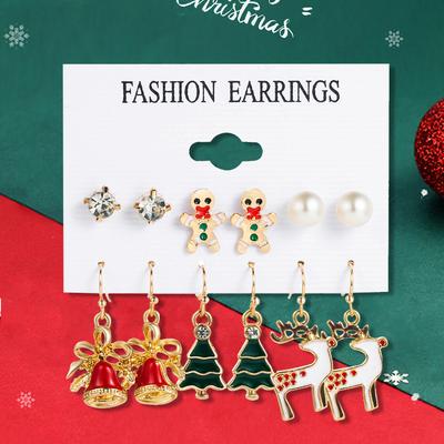 6-teiliges Set Damen Modisch und Schlicht Weihnachtsserie Weihnachtsbaum Glocken Hirschmuster Ohrringe Accessoire und Ornamente