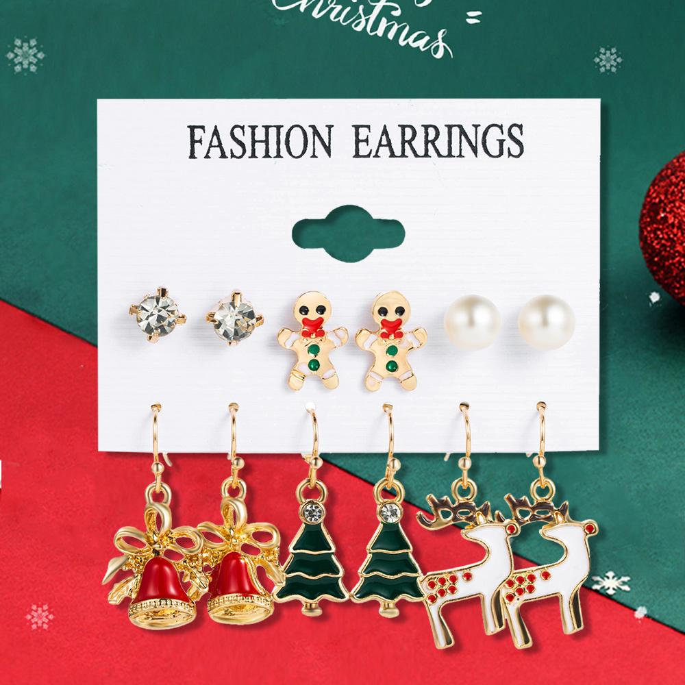 

Набор из 6 предметов Женские модные и простые серьги-аксессуары и украшения серии «Рождество» с узором рождественской елки, колокольчиков, оленей красный