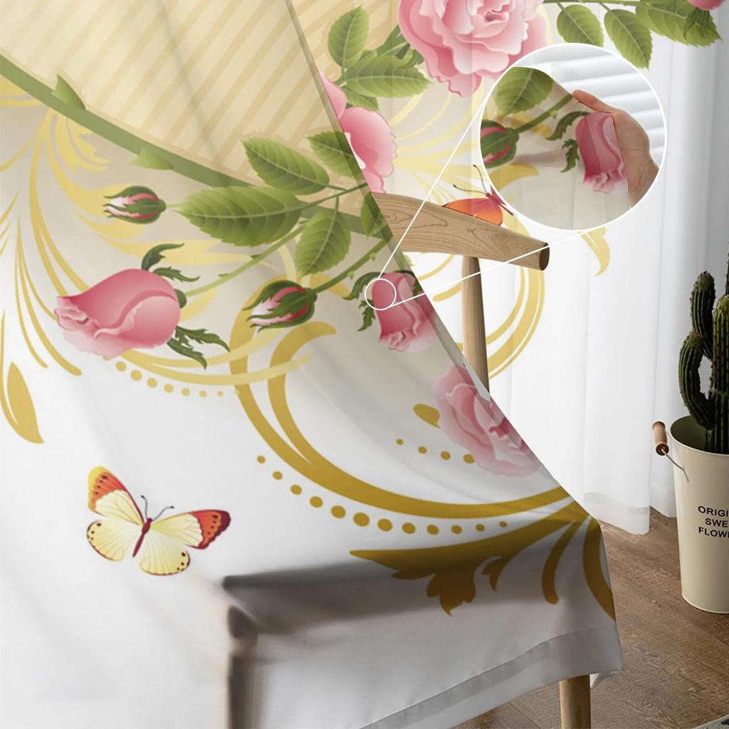 Love Pink Rose Butterfly Sheer Curtains for Bedroom Living Room Voile Window Curtains Tulle Curtains for Kids Room