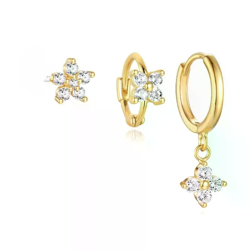 3PCS Fashion Cute Zircon Flower Ear Stud For Women Fashion 18K Gold Plated Star Ear Stud Earring Piercing Girl Set Jewelry Gift