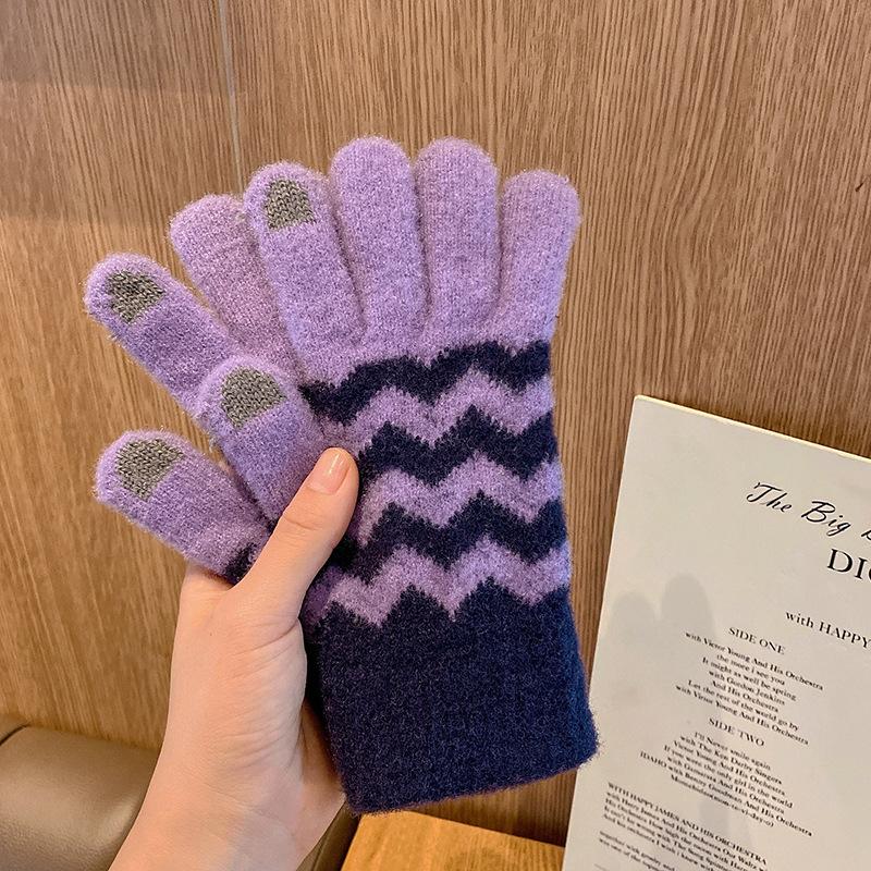 Warm Winter Gloves for Women Korean Couple Touch Screen Five Pointer Knitted Men Riding Bicycle Plus Velvet Student Thickened Cute Jacquard