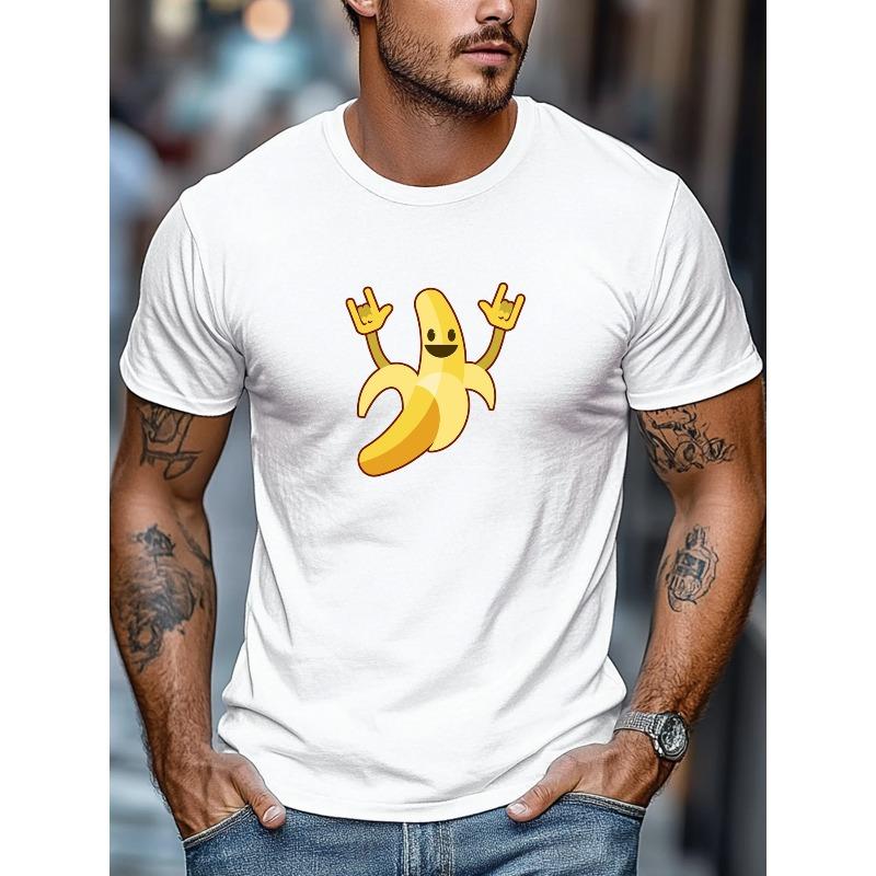 European Size unisex's T-shirt, Minimalist and Stylish, unisex's Banana with Rock Hand Gesture Pattern Summer Casual Crew Neck Short-sleeve T-shirt