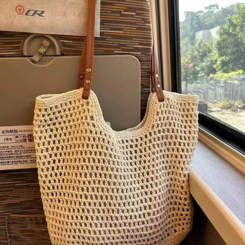 Leisure Large-capacity Shoulder Cotton Thread Woven Bag Hollow Reticulated Tote Bag Seaside Vacation Beach Bag Women's Bag