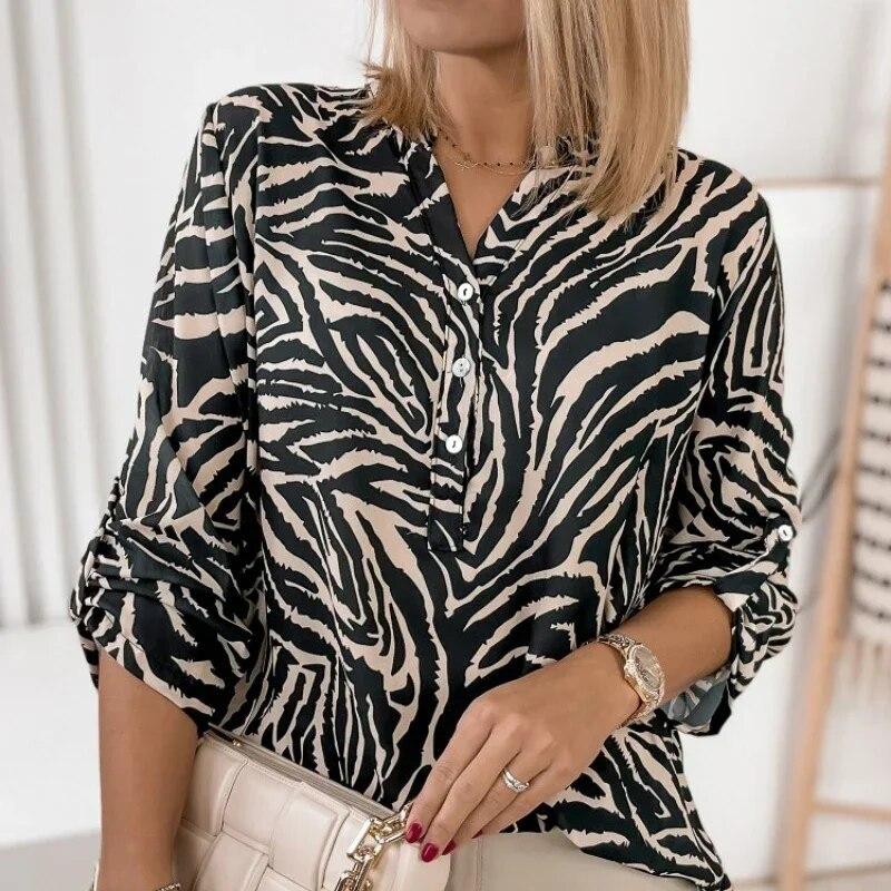 Fashion Print Blouse Women Shirts 2026 Spring Autumn Office Lady Casual Long Sleeve V-neck Tops Loose Clothes Blusas 30104